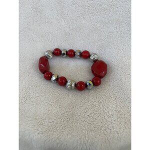Women’s Red Beaded Stretch Bracelet with Silver Tone Accents Fashion Jewelry